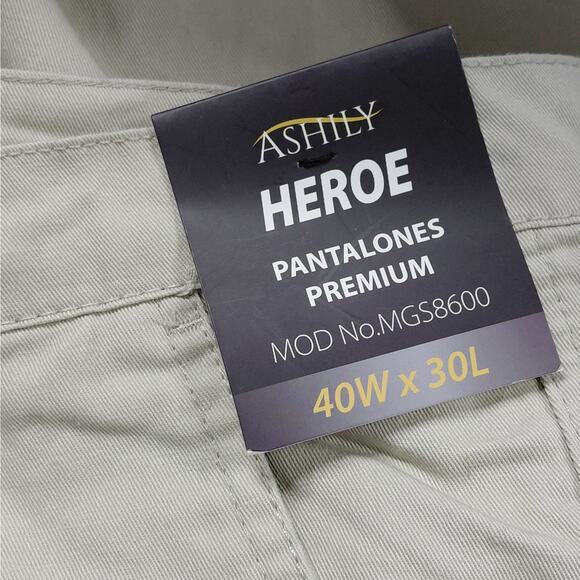 Mens Belted Cargo Work Pants 40W x 30L Beige Cotton Utility Pockets Ashly Heroe - Picture 7 of 7